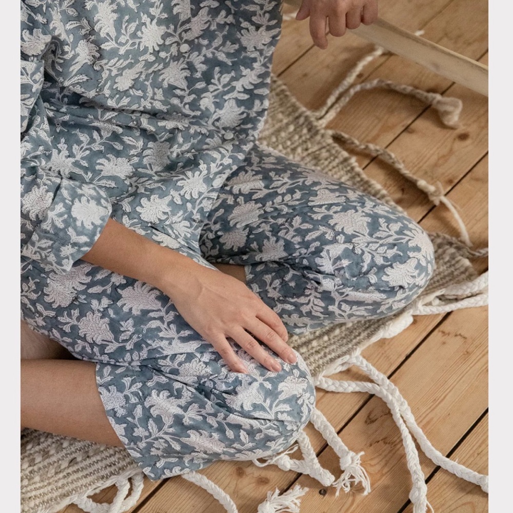 Smoky Blue PJ | Priya | Light Summer Floral Blue White Organic Cotton Pajama Set